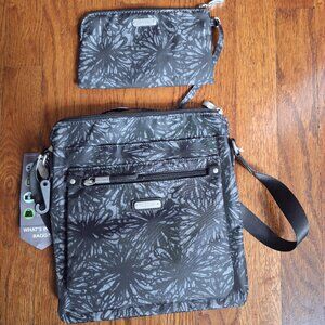 NWT Baggalini Black and Gray Midnight Blossom Crossbody Go Bag w/RFID Wristlet